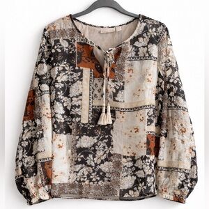 Belle Kim Gravel Boho Floral Patchwork Peasant Blouse XS Long Sleeve NEW